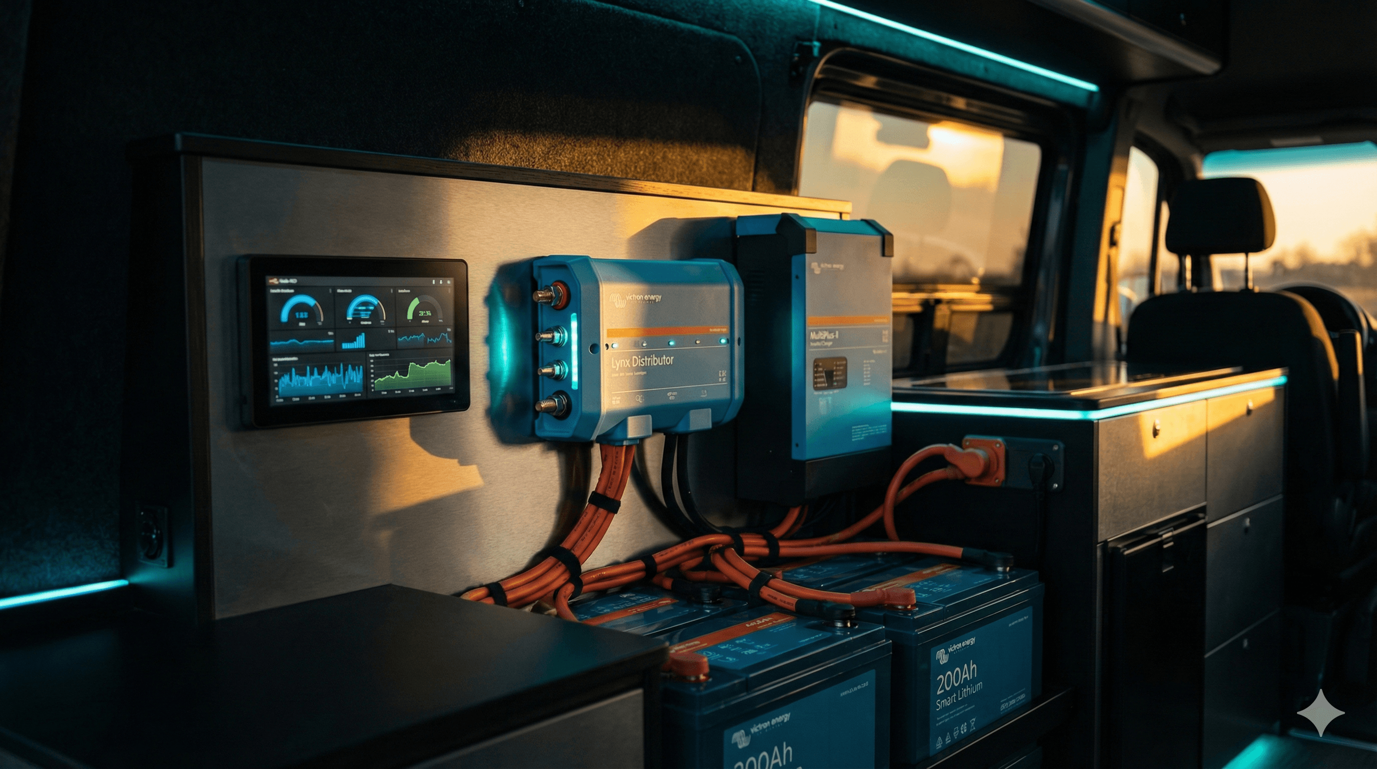 Victron LiFePO4 battery bank and inverter installation inside RV by Untethered Systems